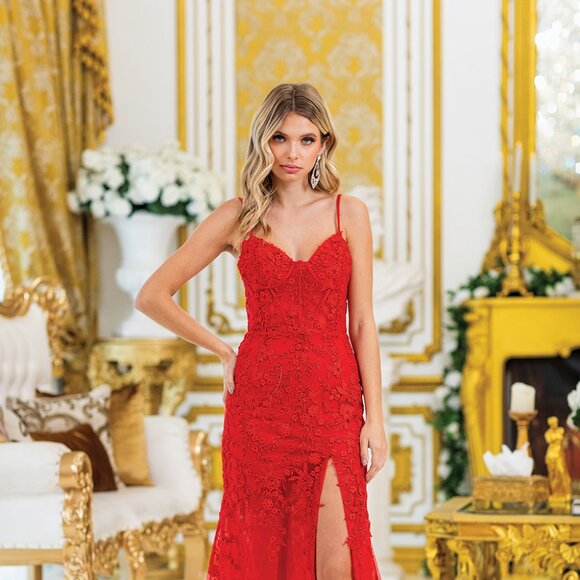 New Red Floral Lace Embellished Long Sheath Festive Gown w/ Leg Slit DQ 4501 - Picture 3 of 9